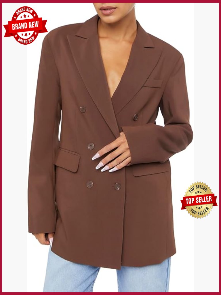 Notched Double-Breasted Blazer - Classic Lapels, Zipper Closure